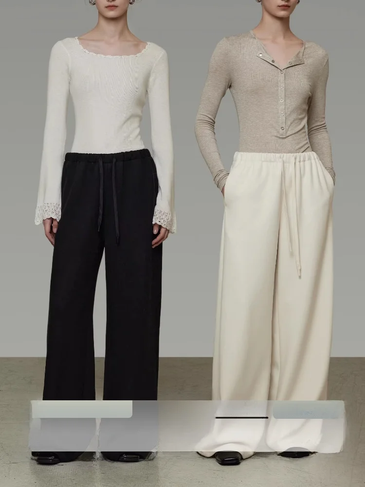 

High Waist Dstring Casual Pants Women Winter New Loose Simple Design Straight Leg Wide Leg Pants Comfortable Breathable