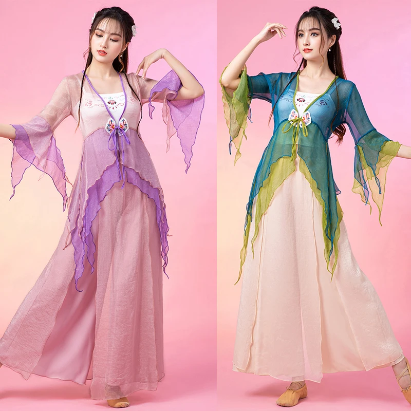 Vêtements de danse classique chinoise pour femmes, gaze adulte, vêtements d'entraînement élégants, financièrement, danse sur scène, costume de performance, DQL6859