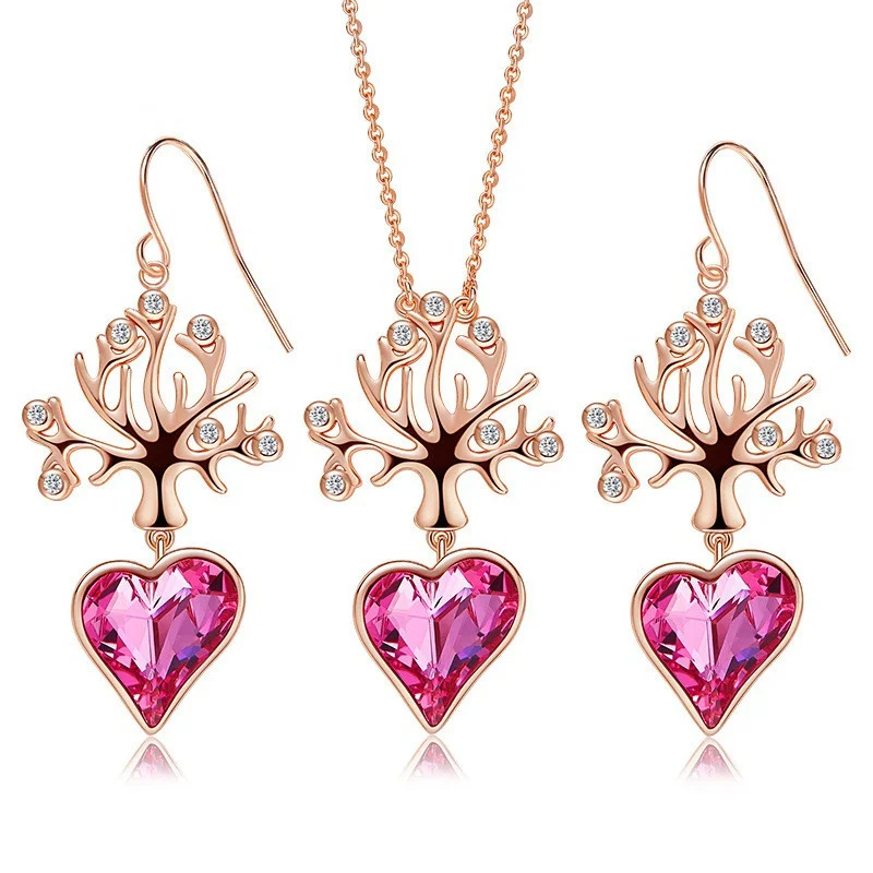 3Pcs/set Fashion Lady Pink Crystal Love Heart Earrings Rose Gold Lucky Tree of Life   Pendant Necklace Set Jewelry