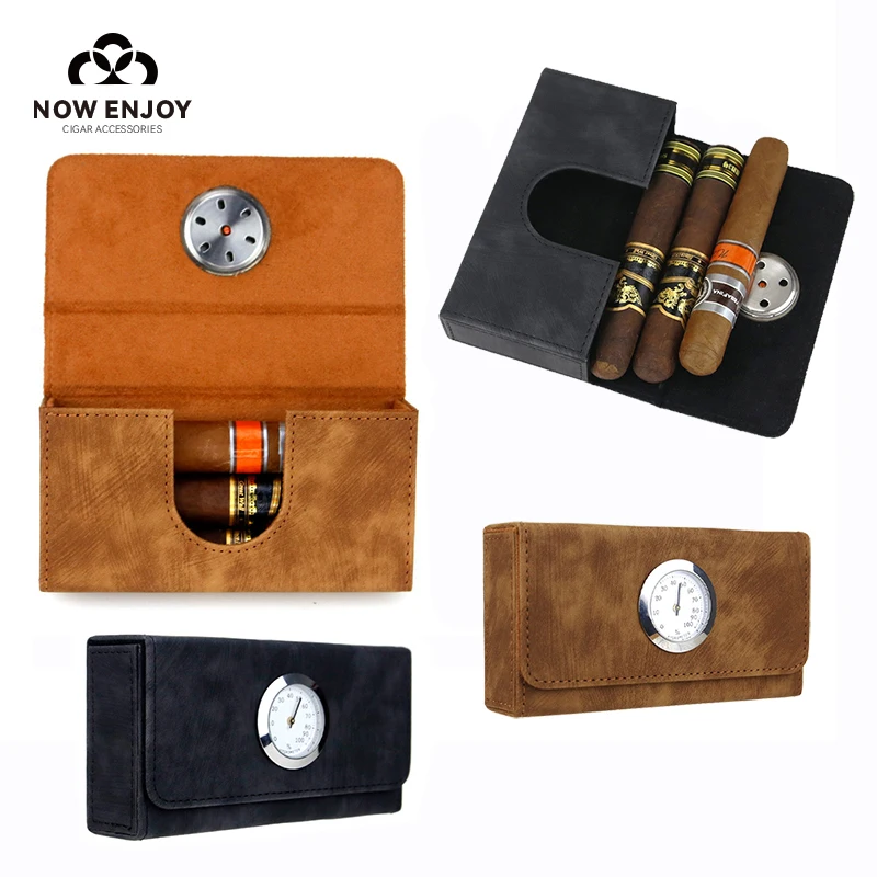 

Кожаный дорожный хьюмидор для сигар из кедрового дерева, портативный футляр для сигар с увлажнителем и гигрометром, аксессуары для сигар, вмещает 3 сигары
