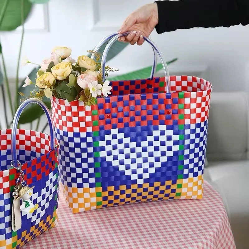 New Color-Blocking Large-Capacity Heart-Shaped Handwoven Bag Plastic-Woven Basket-Style Tote Open-Top Women's Handbag