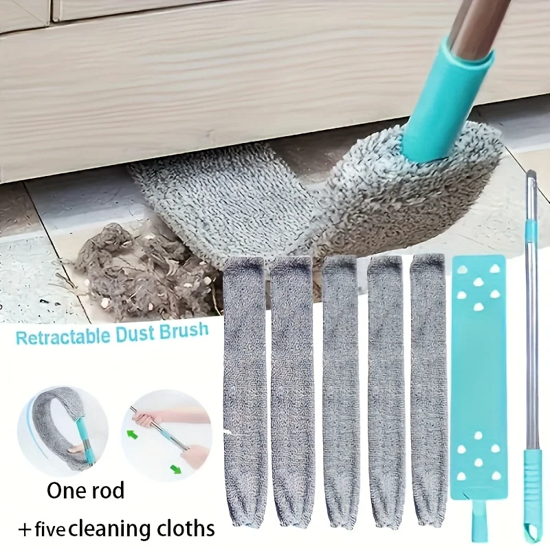 6pcs Extendable Long Handle Duster | For Cleaning Under Beds, Sofas & Gaps, with 5 Replaceable Cloths, Household Cleaning Tool