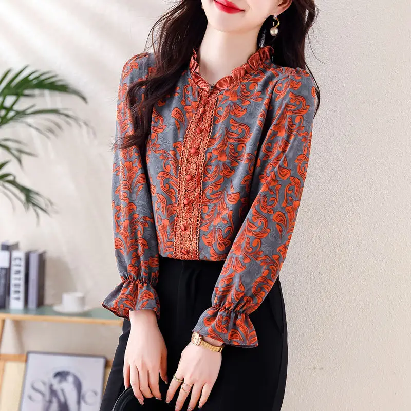 2024 New Summer Oversized High Waist Bohemian Casual Women\'s Shirt Korean Style Button Lotus Leaf Collar Long Sleeve Chic Tops