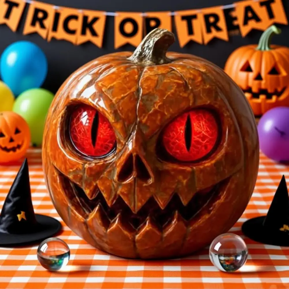 Pumpkin Statue Handmade Red-eyed Pumpkin Figurine Elegant Halloween Shelf Decor with Amber Eyes Marble-look Resin for Home