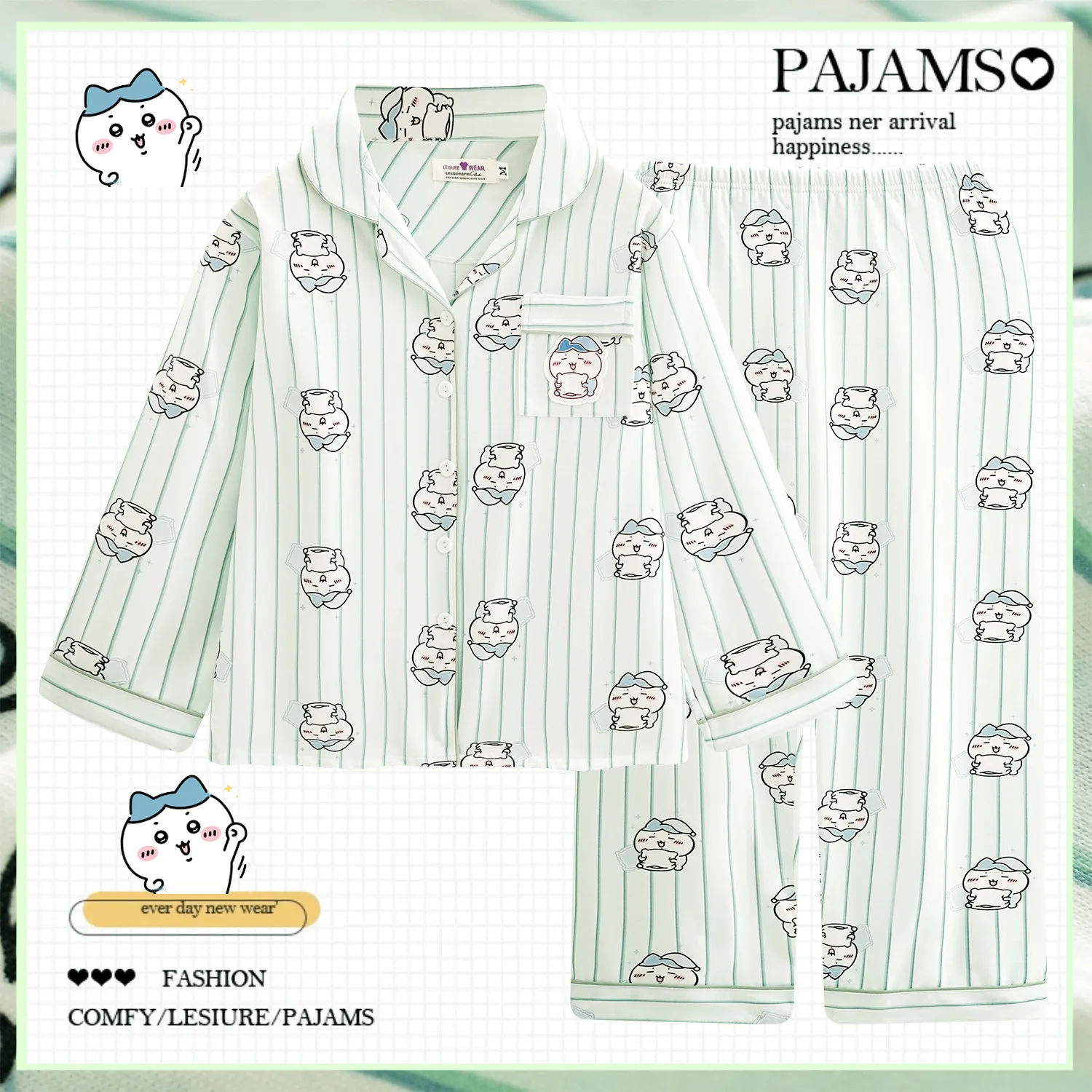 Anime Chiikawa Hachiware Women Pajama Set Pink Vertical Stripe Cartoon Print Lapel Long Sleeve Pants Soft Cotton Kawaii Homewear