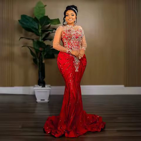 African Luxury Crystals Lace Wedding Reception Dresses Plus Size Black Women Birthday Dress Beaded Evening Dress Aso Ebi Dress