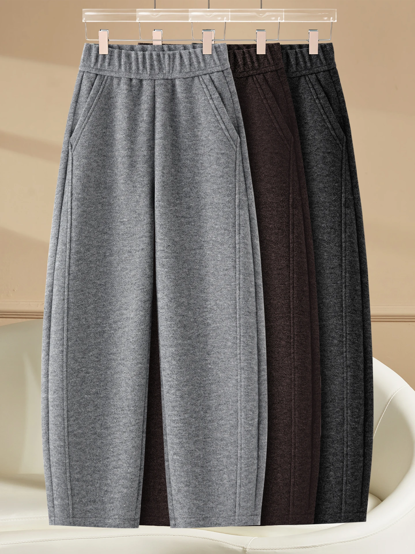 

High Waist Thickened Woolen Trousers Women's Autumn Winter Casual Bent Knife Pants Warm Fluffy Polyester Fiber Straight Leg P...