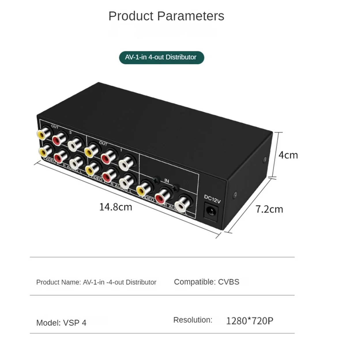 

4-Way AV Splitter 1 in 4 Out Composite RCA AV Splitter 1X4 Video Audio RCA Splitter Distributor for DVD C-VBS EU Plug DY