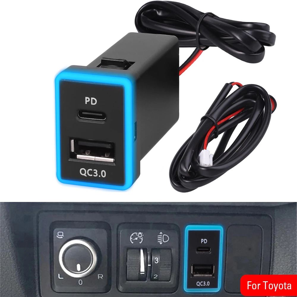 Ładowarka samochodowa USB C typu C PD QC3.0 Podwójne gniazdo szybkiej ładowarki USB 12 V Gniazdo zasilacza do telefonu Toyota