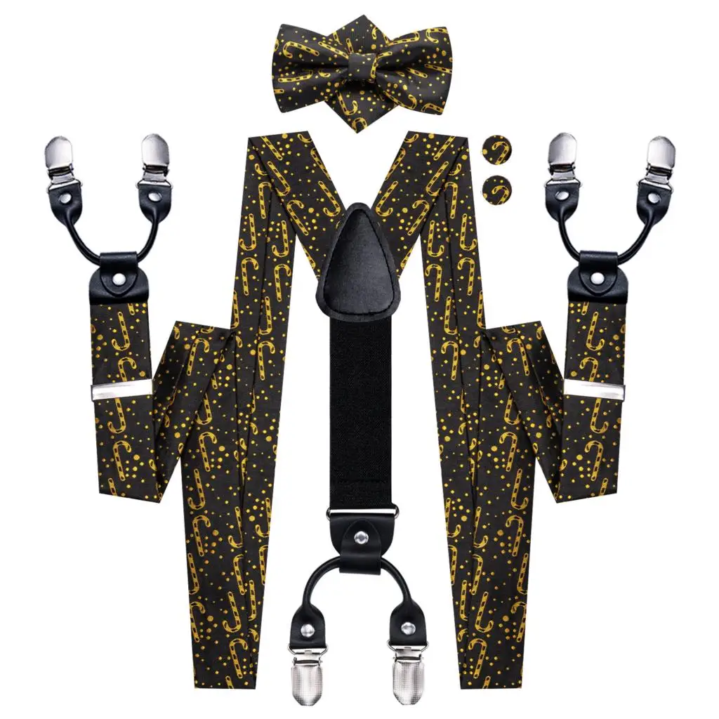 Hi-Tie Christams Black Gold Designer Silk Mens Suspender Fashion Suspender Xmas Bow Tie Leather Metal 6 Clips Suspender Braces