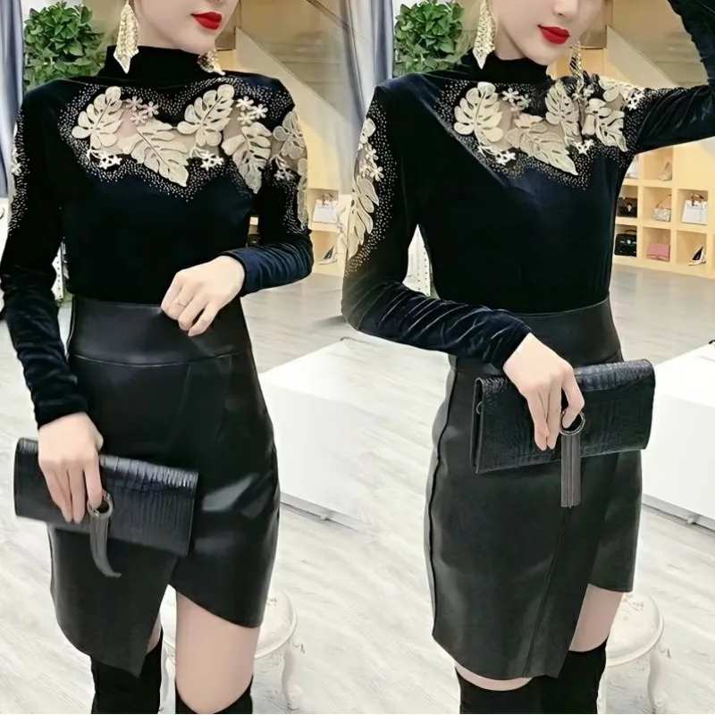 2023 Autumn and Winter Women's Flower Half High Neck Long Sleeve Underlay Embroidery Hollow Out Fashion Casual Formal Tops