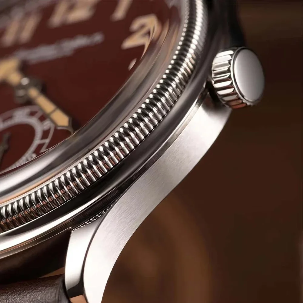 Hruodland 2025 New  F027 Classic Men Automatic Mechanical Watches Stainless Steel Brown Leather Diving 5Bar C3 relojes para homb