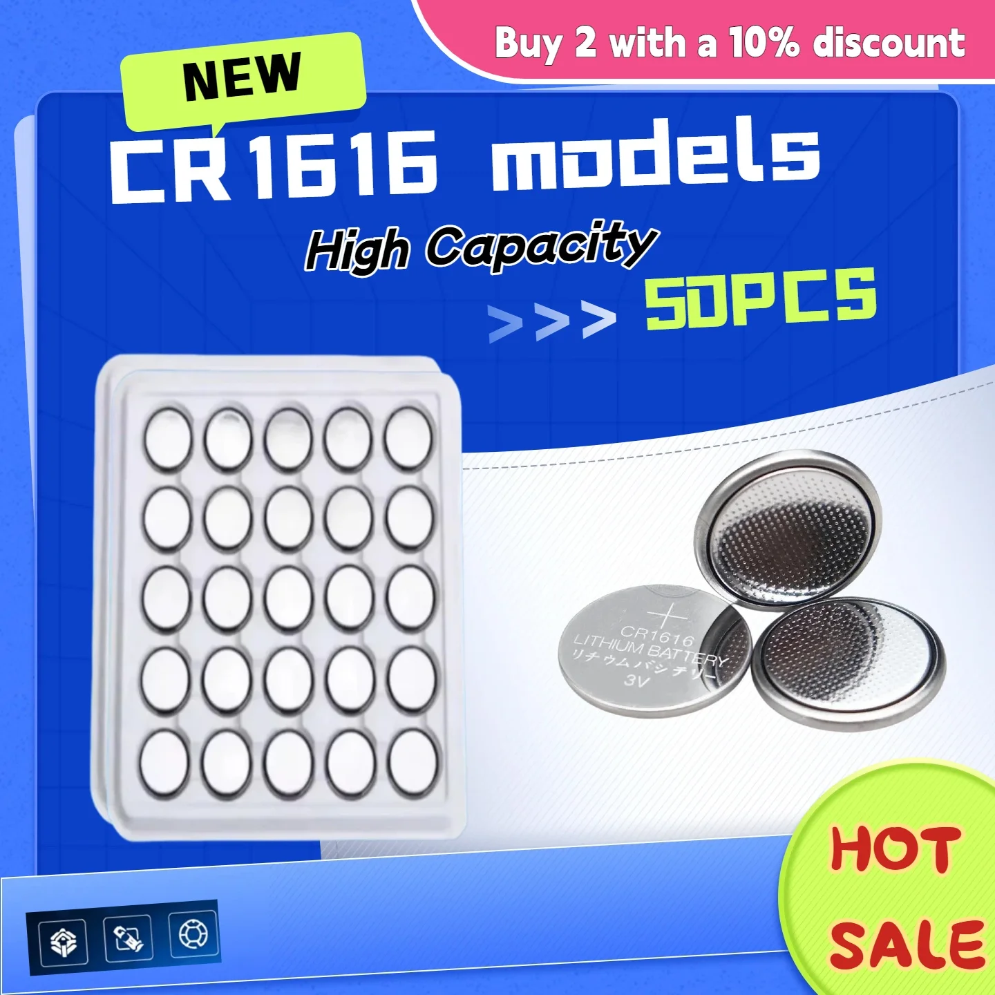 CR1616 3V 50mAh Lithium Button Cell Battery, DL1616 BR1616 Compatible, High Quality for Watch and Car Remote Control