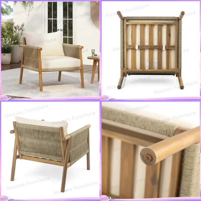 28 Inch Modern Outdoor Wicker Lounge Chair Wooden Frame Waterproof Cushion Patio Garden Balcony Rattan Furniture