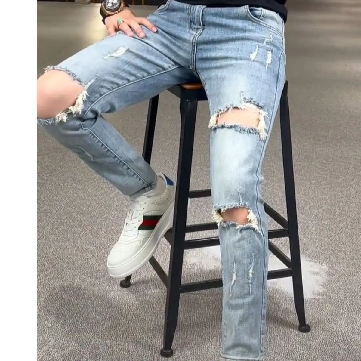 Straight Hole Destruction Trousers Distressed Jeans Men Denim  Fashion Designer Brand Clothes Pants Male Large Size Q266