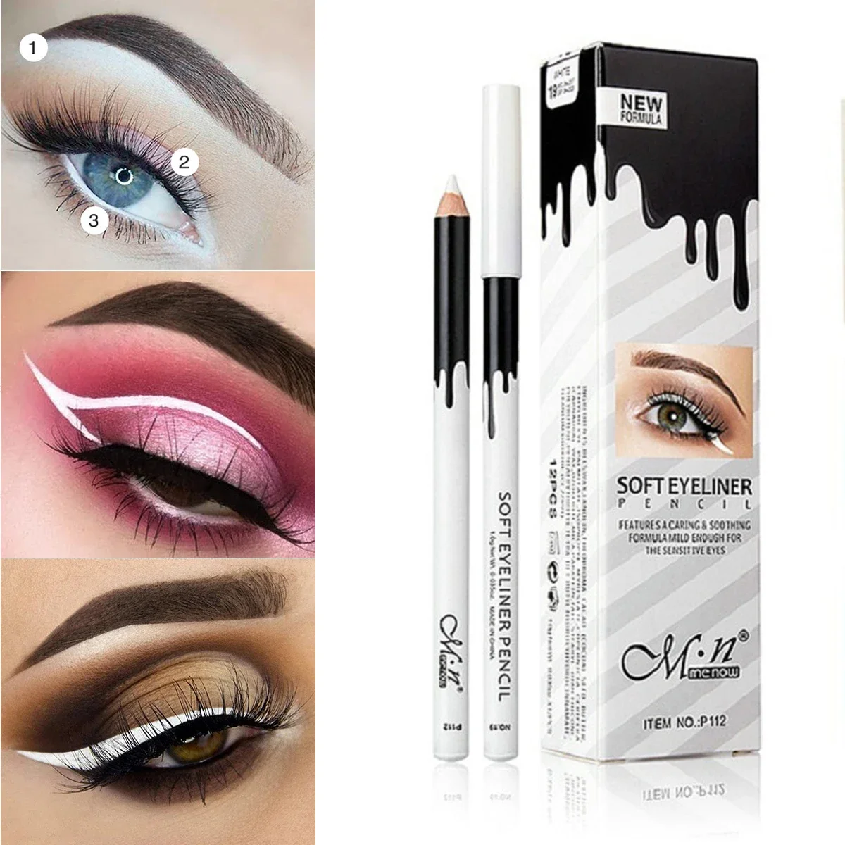 12pcs/box MENOW White Eyeliner Pencil Waterproof Lying Silkworm Brighten Eye Liner Pen Semi-Permanent Makeup Tattoo Accessories