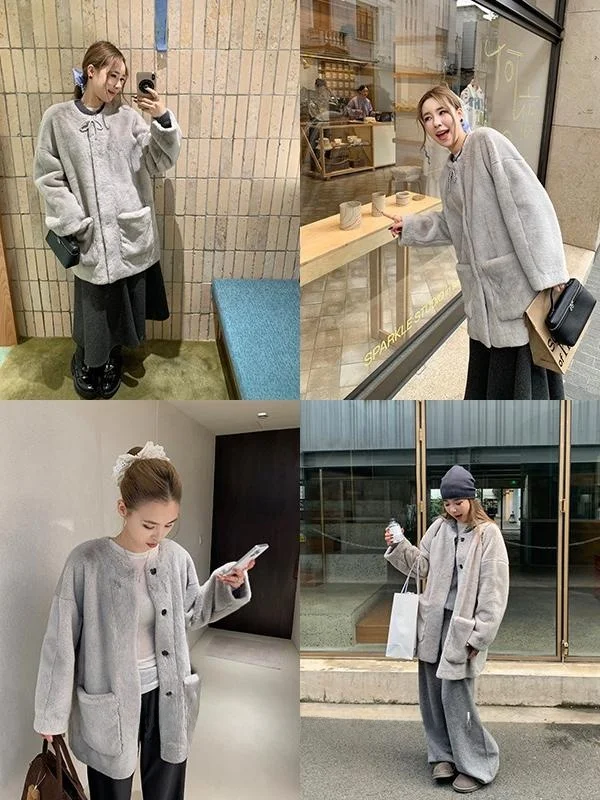 Xzichic Złoty Futro z Norek Okrągły Kołnierz Ekologiczna Imitacja Futra Królika Wodnego Płaszcz Damski Ciepła Odzież Wierzchnia Długi Krój Koreański Styl