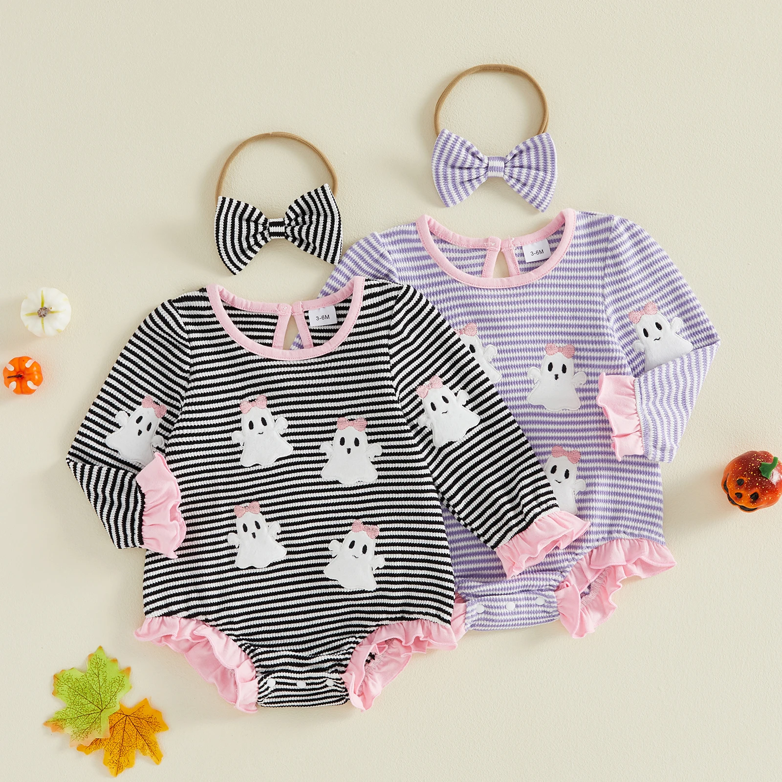 Newborn Baby Girl Halloween Waffle Bodysuits Long Sleeve Ghost Embroidery Romper with Headband Set Baby Halloween Costume