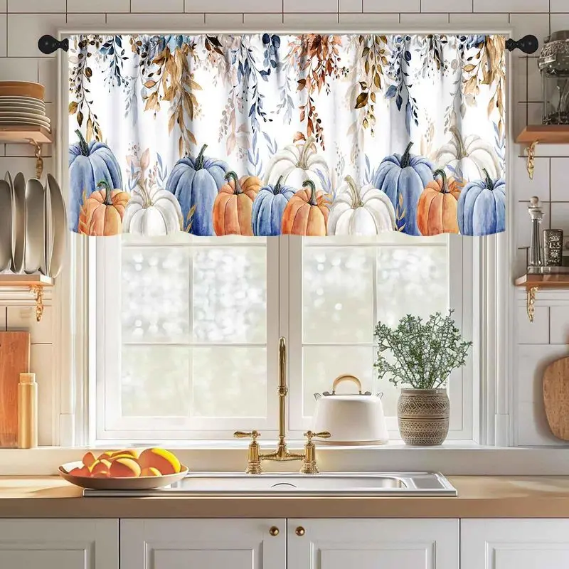 VIKAMA Fall Window Valance Colorful Pumpkin Sunflower Maple Leaf Plaid Kitchen Thanksgiving Harvest Window Decor
