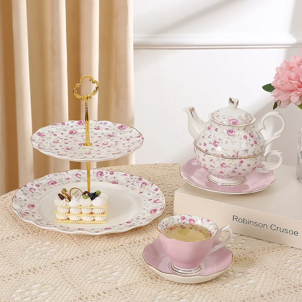 Pink flower decal printed English 15 pieces afternoon ceramic tea pot and cup set milk pot sugar jar full set with gift box