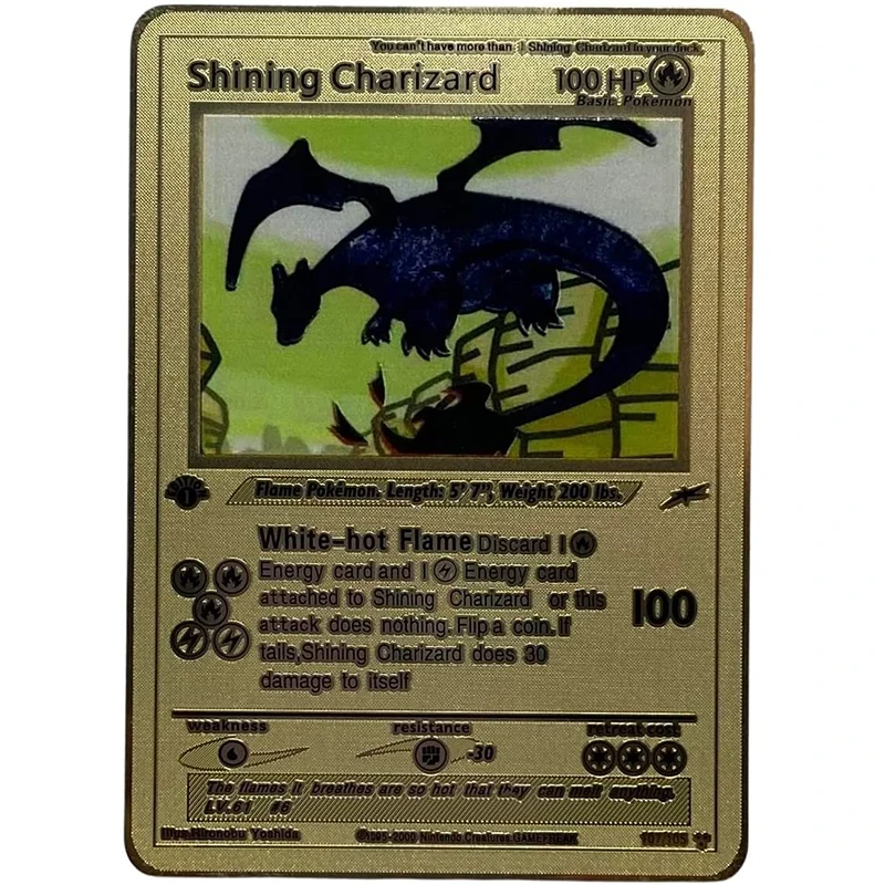 Coleção brilhante do cartão do metal do ouro do charizard, chama branco-quente, presente do brinquedo para crianças, 8,8*6,3 cm