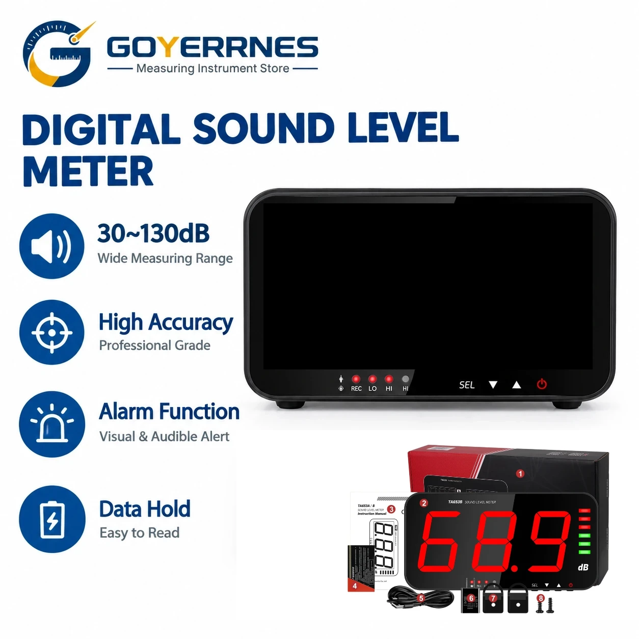 TA653B Sound Level Meter 30-130dB Digital Noise Meter Decibel Tester Large Screen Alarm for Home Factory Traffic