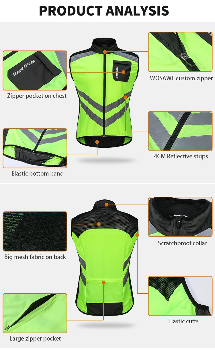 WOSAWE Cycling Vests Reflective Safety Vest Bicycle Sportswear Outdoor Running Breathable Jersey For Men Women Bike Wind Coat