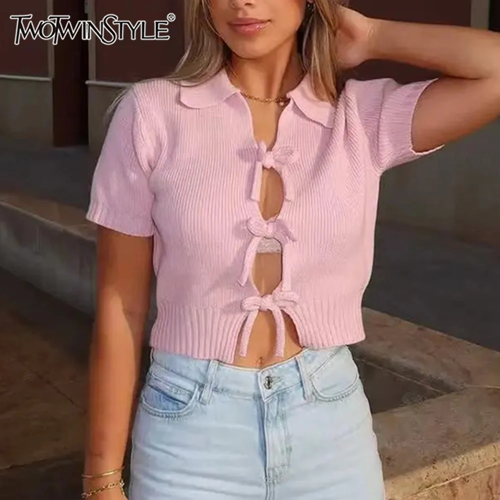 TWOTWINSTYLE Solid Spliced Lace Up Slimming T Shirt for Women Lapel Short Sleeve Temperament T Shirts Female Fashion