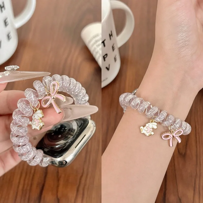 Transparent Pink Elastic Phone Strap for Apple Watch Band 44mm 40 45 41 46 42 38 49mm Women Bracelet iWatch 12 11 10 9 8 7 6 5 4