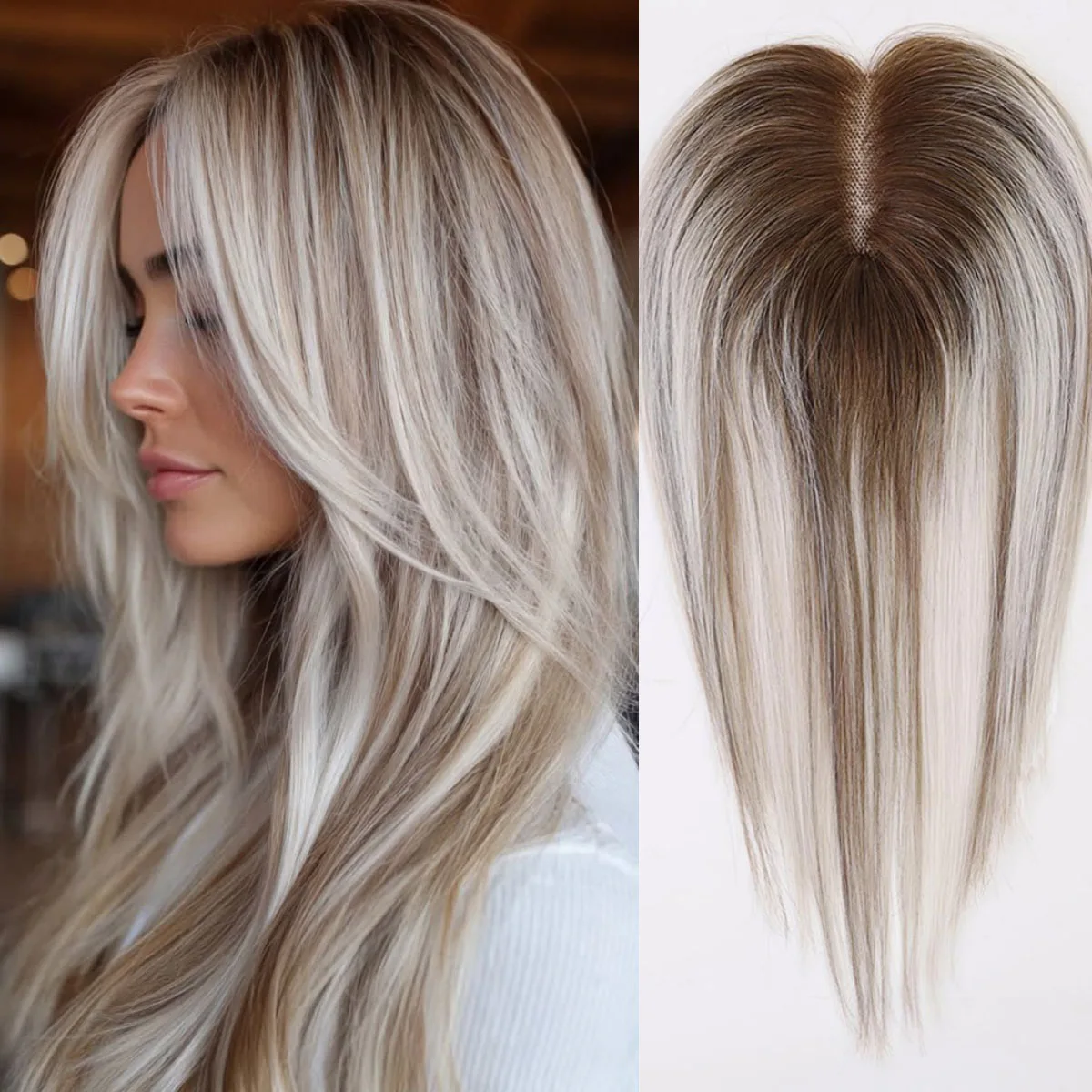 12 Inch Silk Base Human Hair Topper for Women Platinum Blonde Ombre Brown Roots Straight Remy Hair Toupee with Clips Breathable