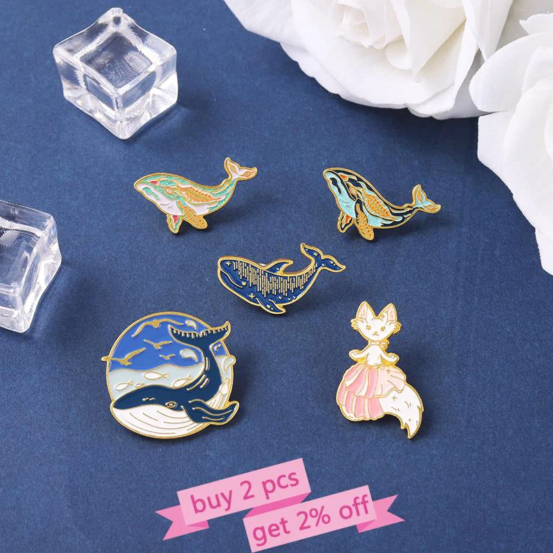 Mermaid Aniaml Art Metal Badges Bag Clothes Brooch Up Jewelry Gifts Whale Enamel Pins Dreamy Humpback Whale Pines Cat