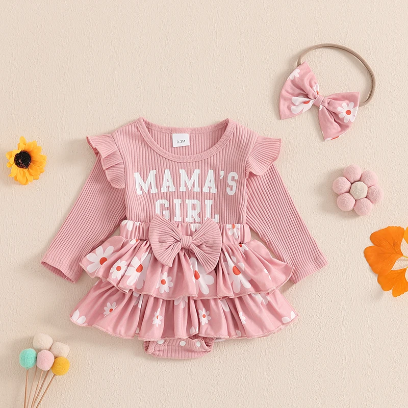 

0-18 Months Newborn Girl Outfit Long Sleeve Crew Neck Letters Flower Print Romper Dress with Bowknot Headband Clothes