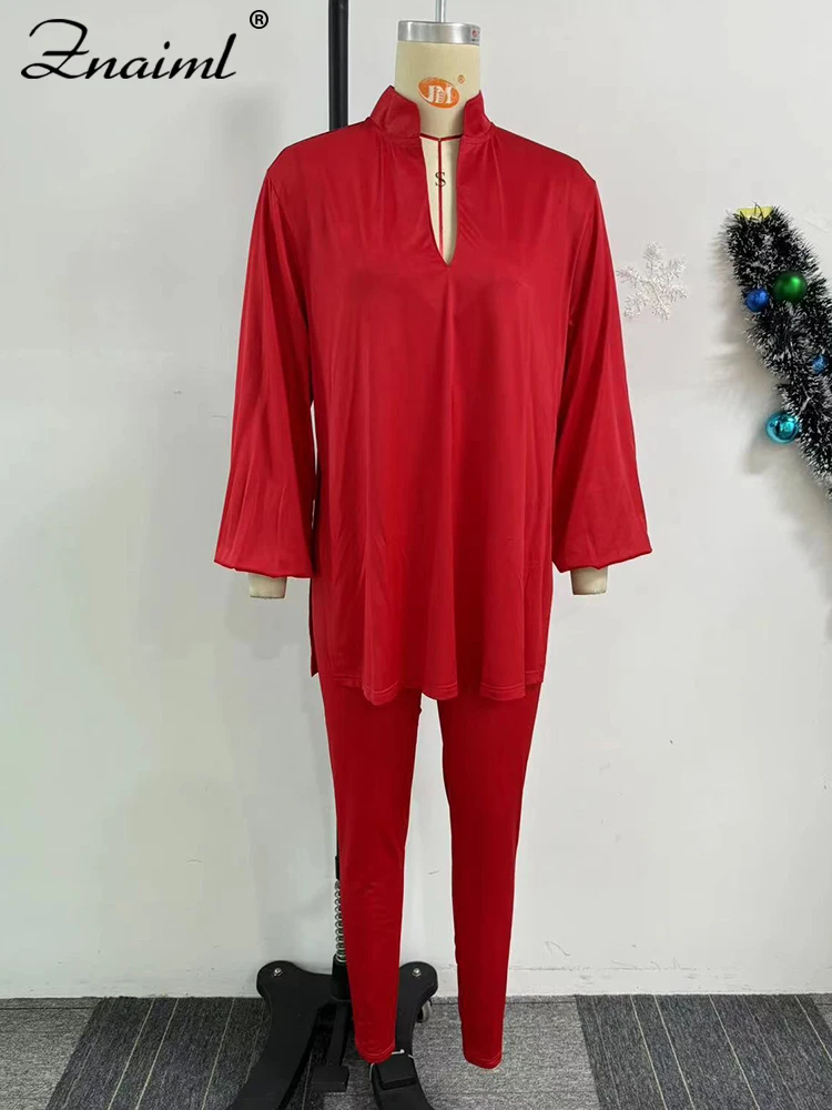 Znaiml-Conjunto informal liso de dos piezas para mujer, Tops holgados con cuello en V y pantalones para correr, conjuntos a juego, ropa de calle, chándales