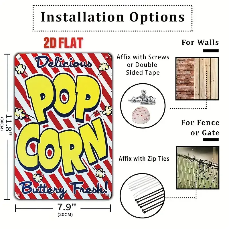 2D Flat - 6pcs Retro Popcorn Metal Sign - Home And Kitchen Decor Wall Art, Size 20.32X30.48 cm, 2D Flat, Cafe Decor, Classic Sig