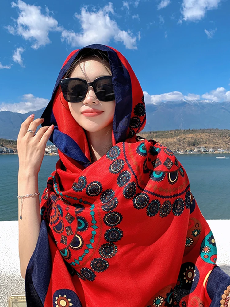 New Summer Elegant Women Silk Scarf Beach Wrap Shawl Vintage Red Print Lady Sunscreen Bandana Long Hijab Mujer Boho Scarve Pareo