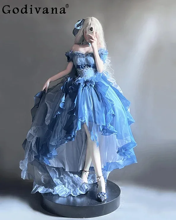 

Blue Wedding Dress Lolita Dress Heavy Industry with Belt Long Trailing High Waist Slim Fit Exquisite Elegant Princess Dresses