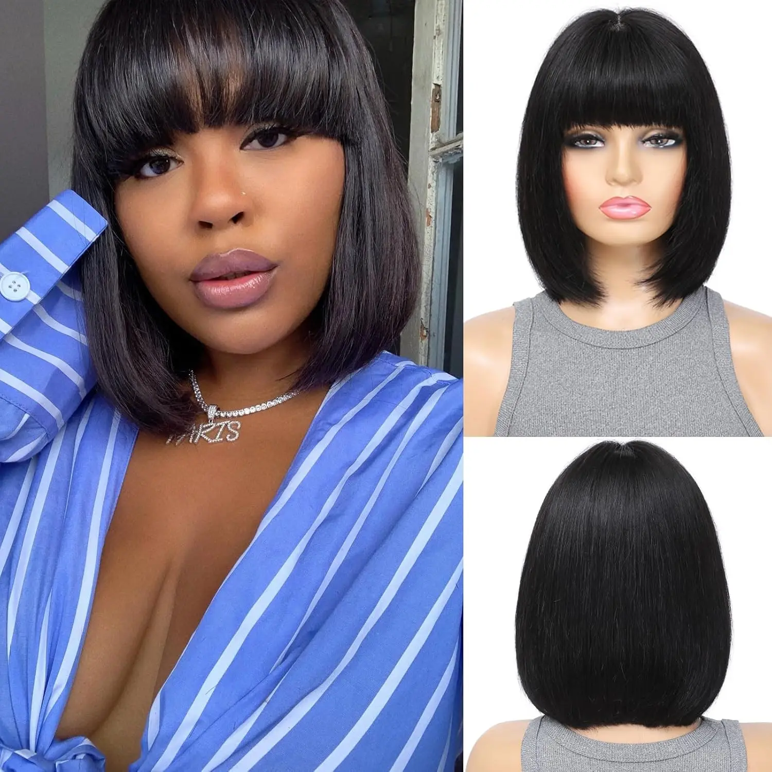 Alimice Bob Wig With Bangs Human Hair 180% Density Glueless Short Bob Wigs For Women Upgraded Machine Made Middle Part