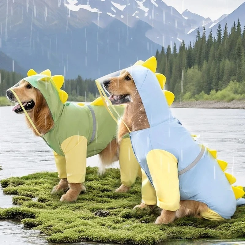 Chubasquero grande de verano para perros: poncho impermeable de 4 patas de dinosaurio con cola 3D