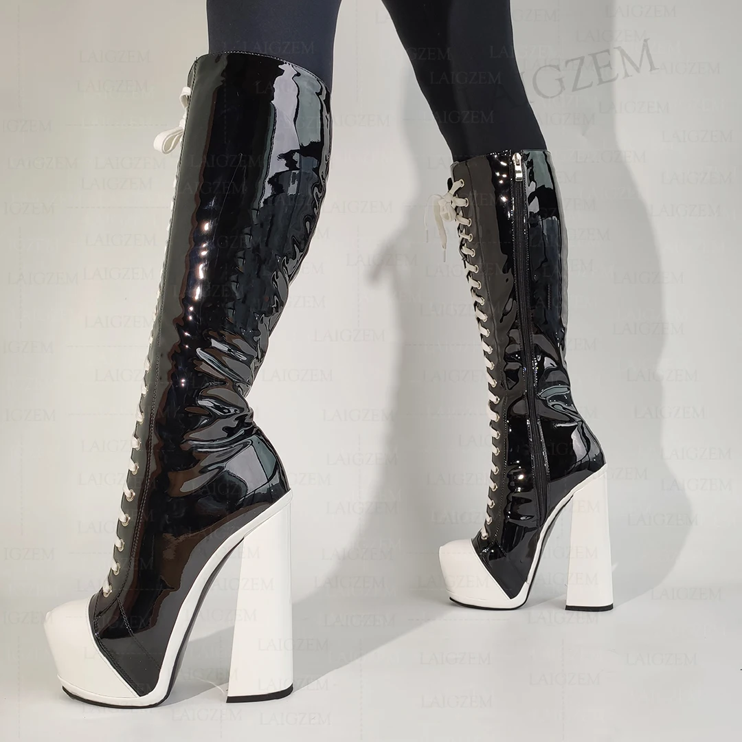 LAIGZEM Women Knee High Boots Platform Shiny Full Zipper Chunky Block High Heel Boots Ladies Shoes Woman Plus Size 41 43 46 47