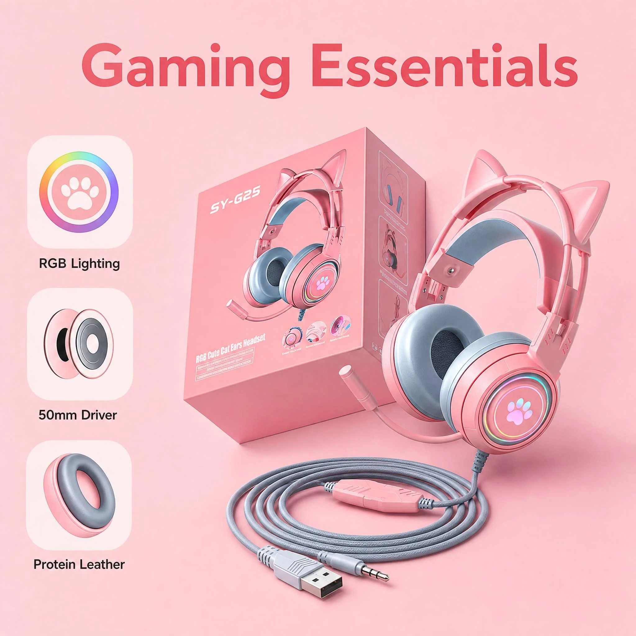 Gaming Headset With Mic Rgb - 2026 New RGB Cat Ear Bluetooth