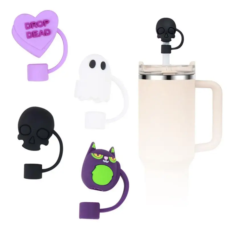 할로윈 스플래시 방지 방진 빨대 팁 커버, 빨대 커버 캡, 만화 빨대 토퍼, 고양이 모양 유출 방지 커버, 4 개