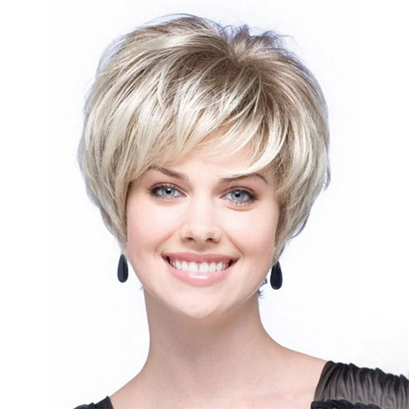 

Blond Mixed Black Ombre Short Bob Wigs Full Bangs for White Women Heat Resistant Synthetic Wigs Birthday Cosplay Fiber Hair