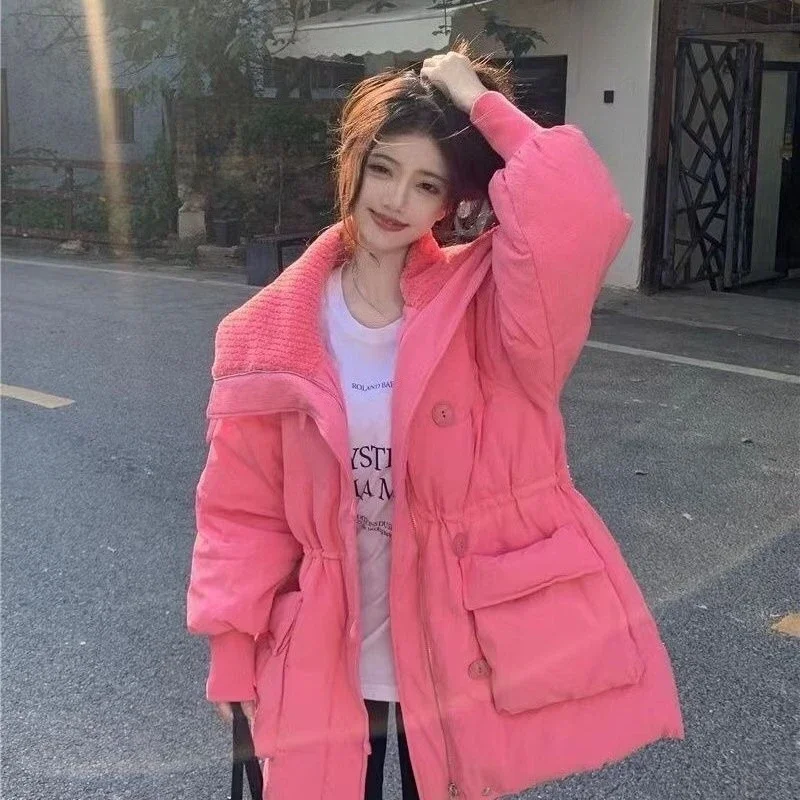 

2025 Trendy Korean Down Jacket for Women Loose Mid Length with Large Pockets Perfect for Winter Outdoor Activities