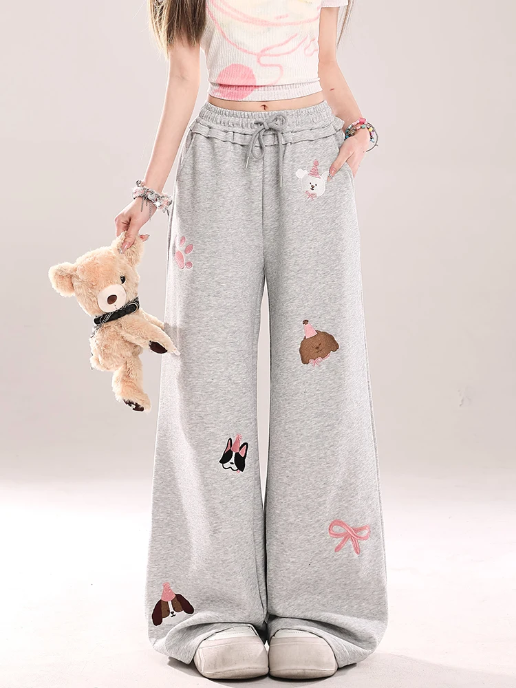 

Новые летние женские джинсы свободного кроя с широкими штанинами, с вышивкой милой мультяшной собаки, в повседневном стиле, для колледжа, в стиле lazy.