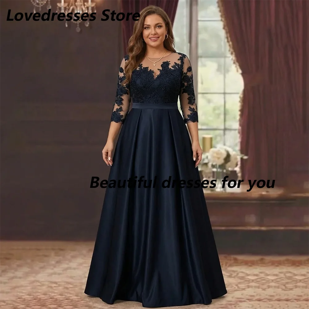 

Navy Plus Size Mother of The Bride Dresses Customized Illusion O-Neck 3/4 Sleeves Lace Appliques A Line Mother Evening Dress