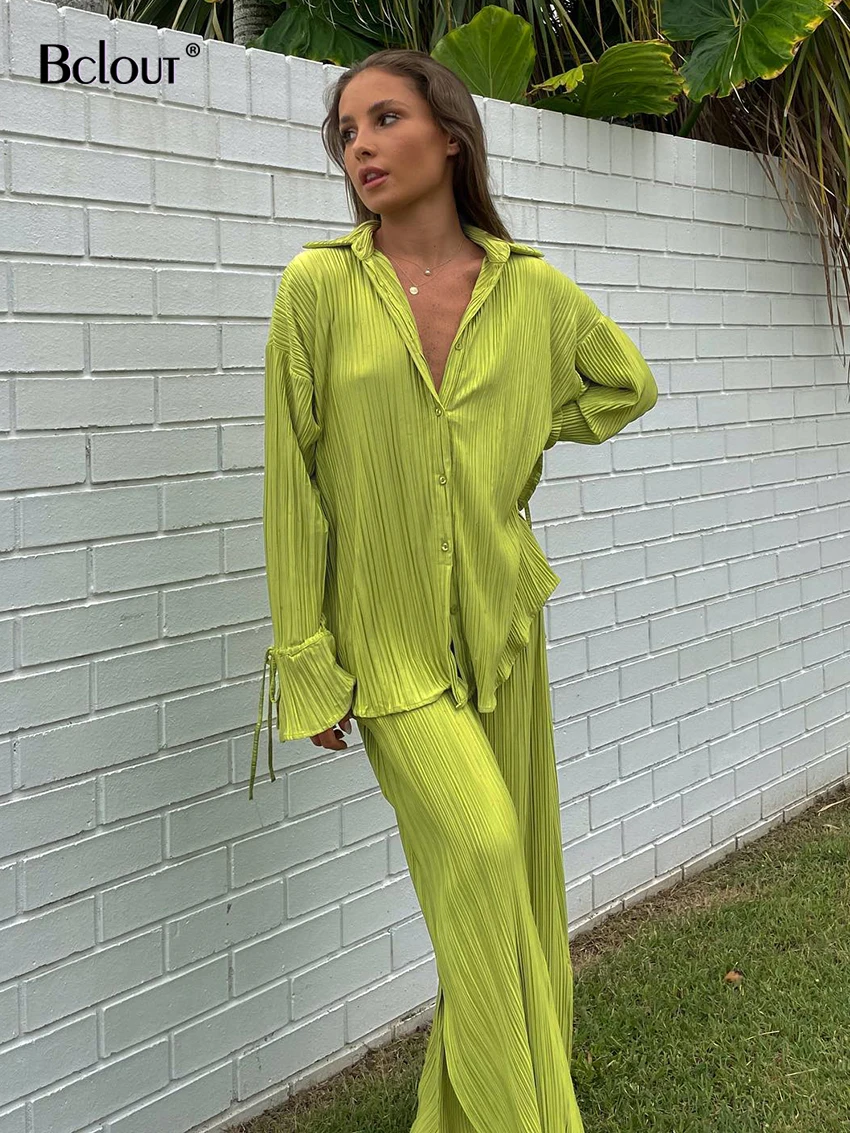 

Bclout Autumn Green Long Pants Suits Female Casual Bow Long Sleeve Loose Shirts Slit Wide Leg Pants Sets 2 Pieces Women Outfits