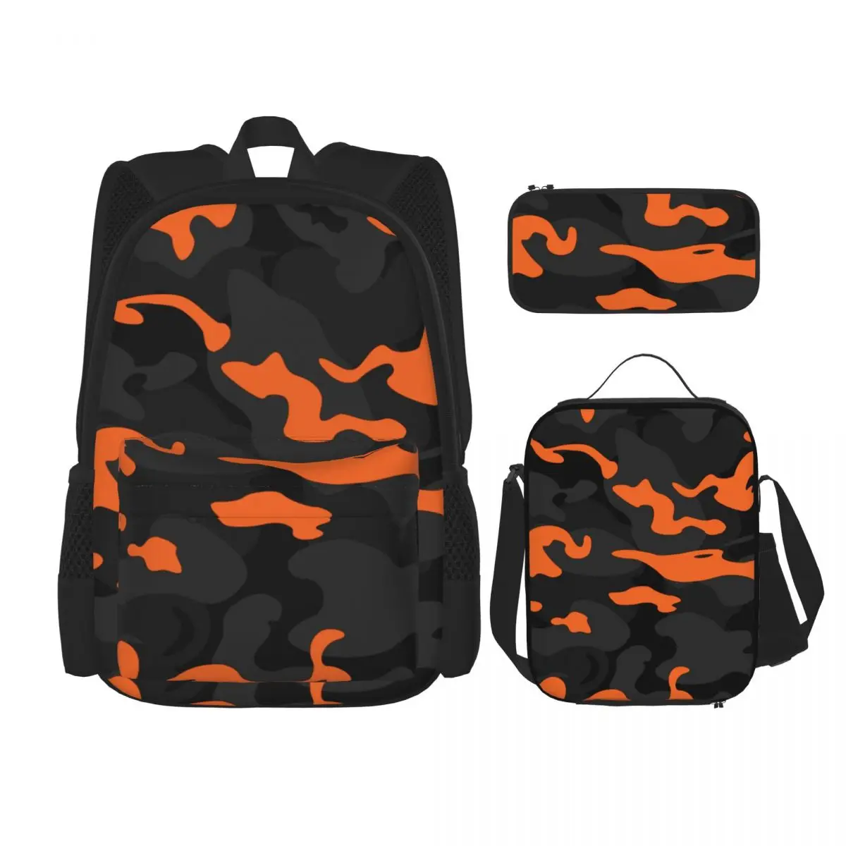 

Camo Style - Black Orange Camouflage Backpack Boys Girls Bookbag Students School Bags Rucksack Lunch Bag Pen Bag Three-Piece Set