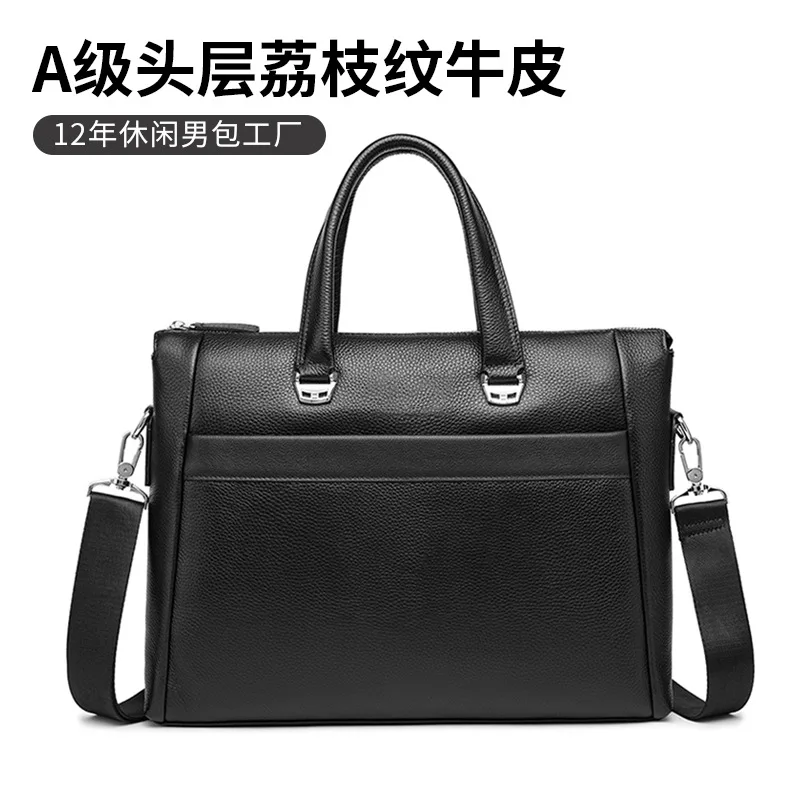 حقيبة أفقية للرجال سعة كبيرة من الجلد الطبيعي حقيبة كمبيوتر للأعمال باللون الأسود حقيبة يد عصرية راقية للرجال #6