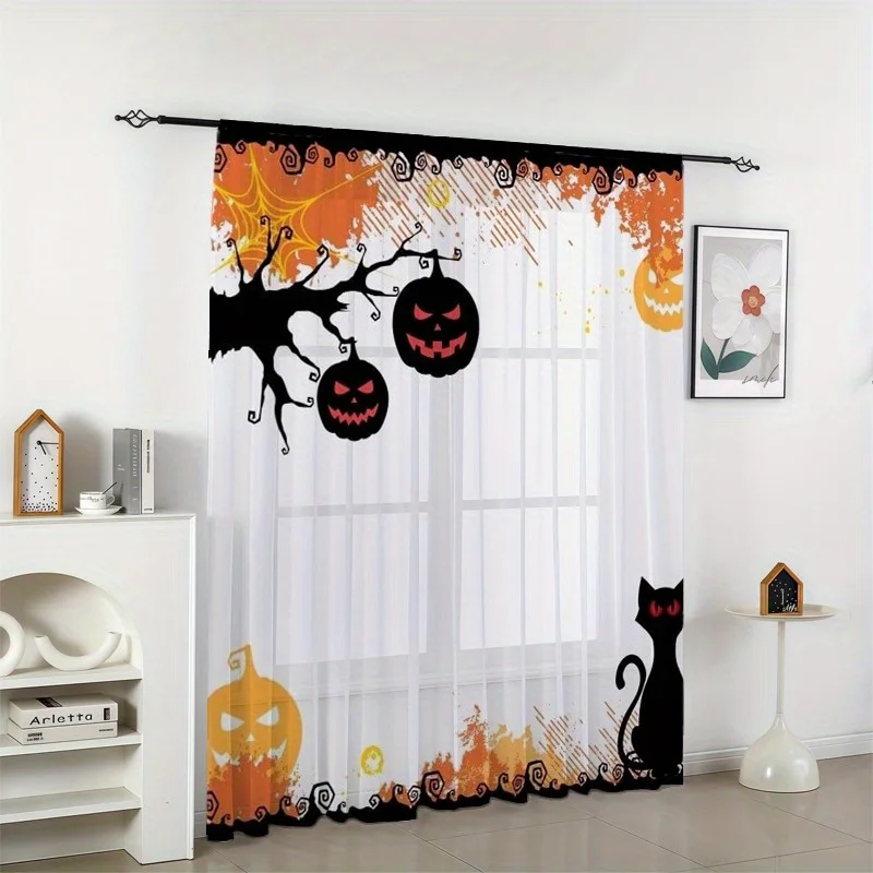 2PCS Digital Print Sheer Curtain, Black Cat Pumpkin, Halloween Spooky Holiday - Voile Drapes for Bedroom Living Room Decor - view 6
