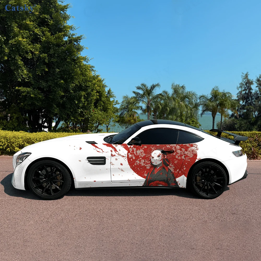 Japanese Woman Mask Red Car Vinyl Wraps Decal Self-adhesive PVC Sticker Suitable for Trucks SUV Decoration Auto Accessories Gift